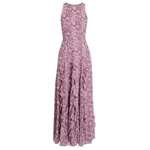 Mikael Aghal Elegant Lilac Ruffled Floral Chiffon Maxi Dress Size 8